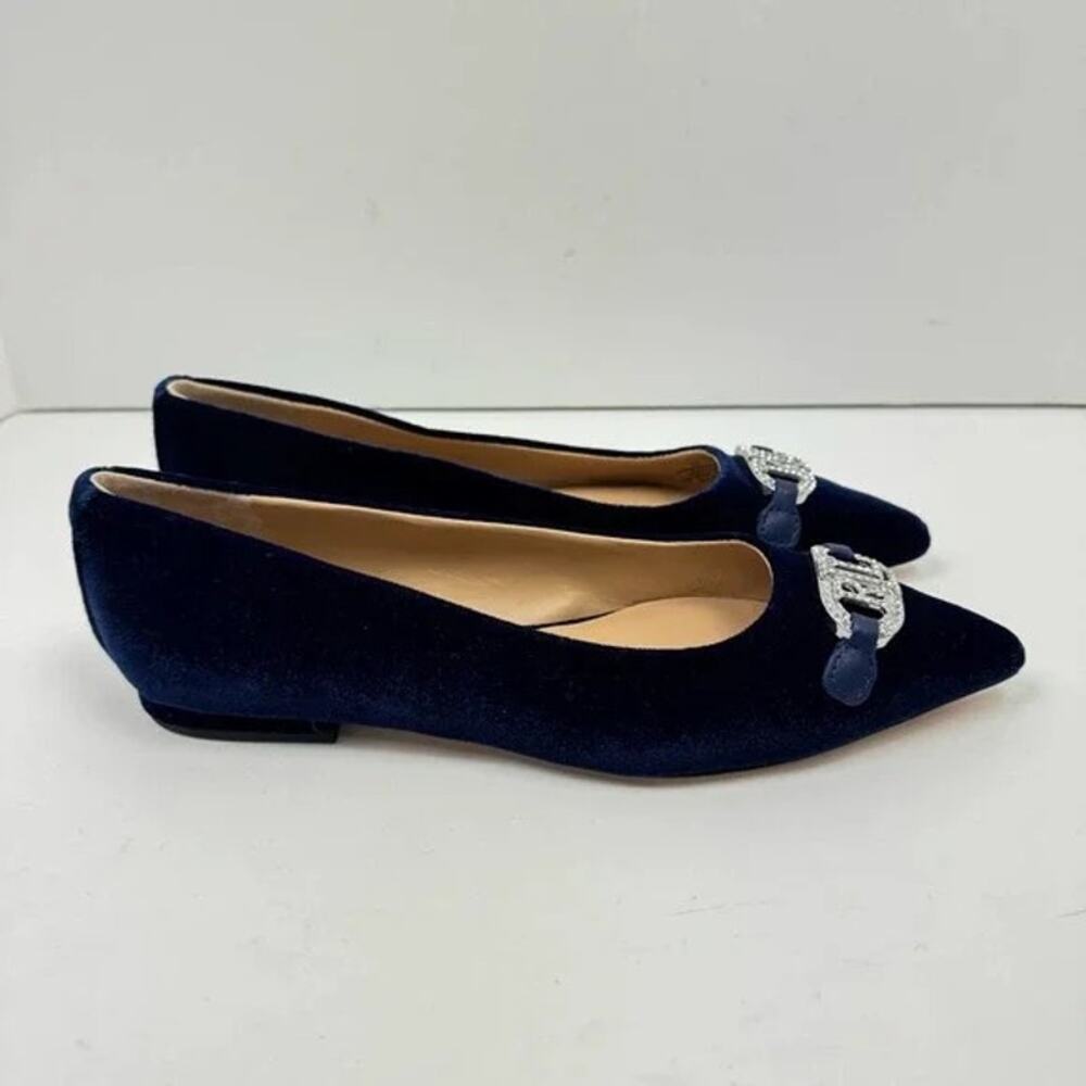 NEW Lauren Ralph Lauren | Lilah Navy Blue Velvet Crystal Logo Pointed Toe Flat - Picture 5 of 11